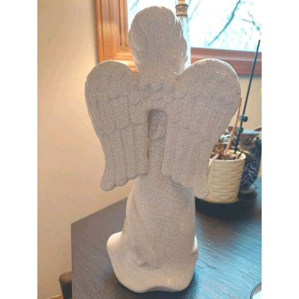 Large Crackle Glaze Ceramic Angel Figurine With Harp And Wings In White - Picture 5 of 9